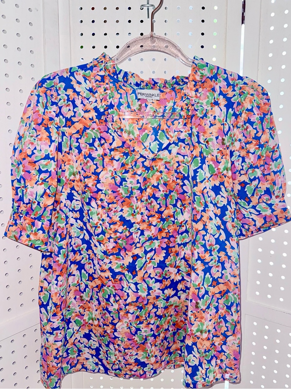 Periwinkle Collection Floral Ruffle V-Neck Blouse M Puff Sleeve Workwear
